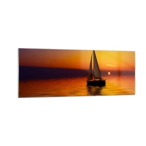 Impression sur verre - Image sur verre - Un voilier sur une mer calme au coucher du soleil - 140x50cm - Comme c'est calme au crépuscule… - Décoration murale moderne pour le salon et la chambre ARTTOR