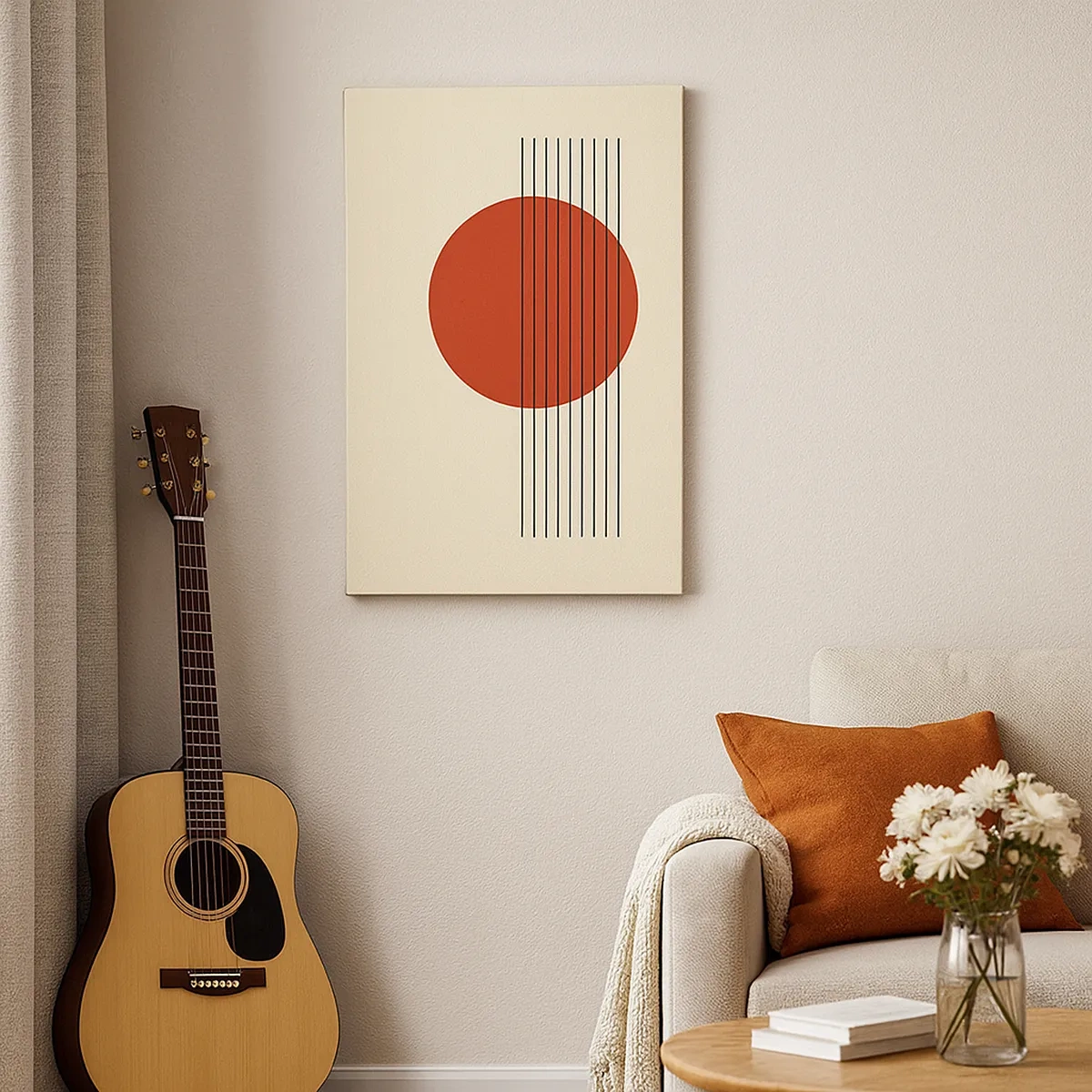 Impression sur toile - Image sur toile - Cercle rouge abstrait avec des lignes sur fond beige. - 50x70cm - Aux alentours et plus loin - Décoration murale moderne pour le salon et la chambre ARTTOR