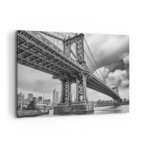 Impression sur toile - Image sur toile - Un pont en noir et blanc avec vue sur la ville - 100x70cm - Au coeur de la ville - Décoration murale moderne pour le salon et la chambre ARTTOR