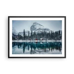 Affiche dans un cadre noir - Poster - Paysage d'hiver avec des chalets dans la forêt au bord d'un lac gelé - 70x50cm - Retraite canadienne - Décoration murale moderne pour le salon et la chambre ARTTOR