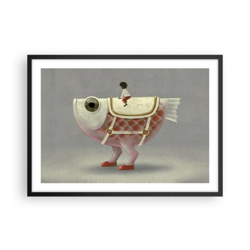 Affiche dans un cadre noir - Poster - Un cavalier de poisson fantaisie avec des jambes et une selle - 70x50cm - Le cavalier poisson - Décoration murale moderne pour le salon et la chambre ARTTOR