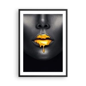 Affiche dans un cadre noir - Poster - Visage d'une femme noire avec de la peinture orange sur les lèvres - 50x70cm - Bouche d'or - Décoration murale moderne pour le salon et la chambre ARTTOR
