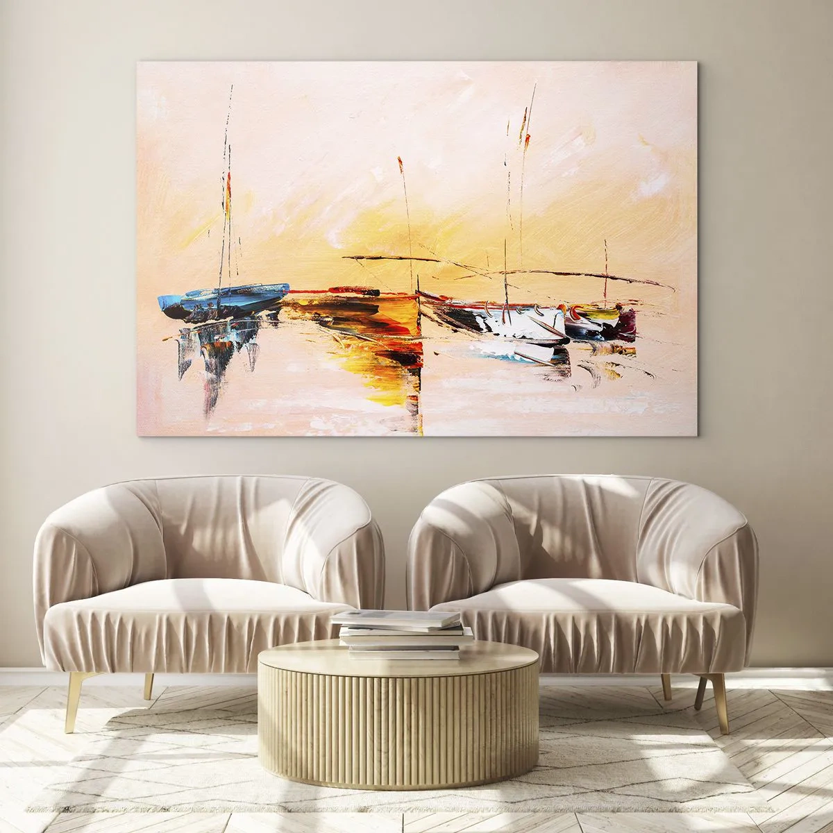 Impression sur verre - Image sur verre - Bateaux colorés amarrés sur fond de coucher de soleil impressionniste - 70x50cm - Soirée à la marina - Décoration murale moderne pour le salon et la chambre ARTTOR