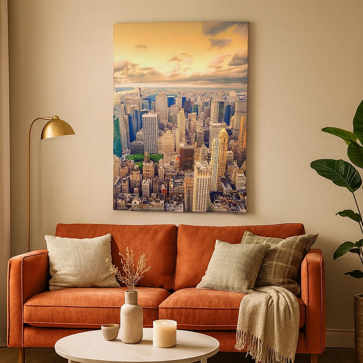 Impression sur toile - Image sur toile - Panorama de la ville avec vue sur les gratte-ciels au coucher du soleil - 50x70cm - Métropole dorée - Décoration murale moderne pour le salon et la chambre ARTTOR