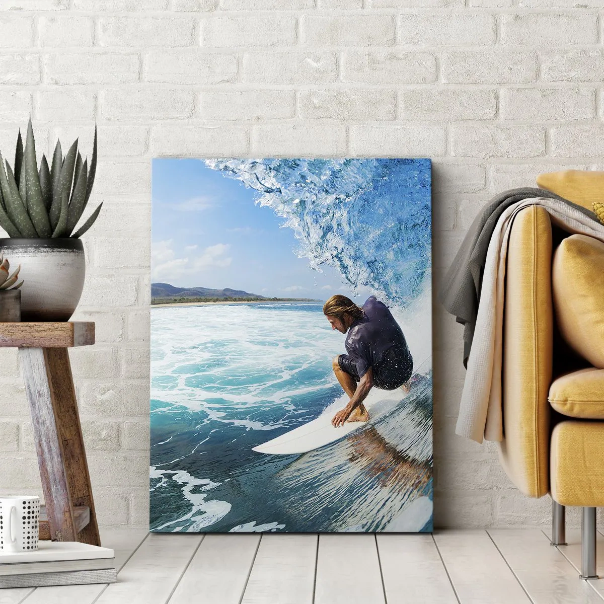 Impression sur toile - Image sur toile - Un surfeur dans une pose dynamique sur une vague dans une eau turquoise. - 70x100cm - Danse avec les vagues - Décoration murale moderne pour le salon et la chambre ARTTOR