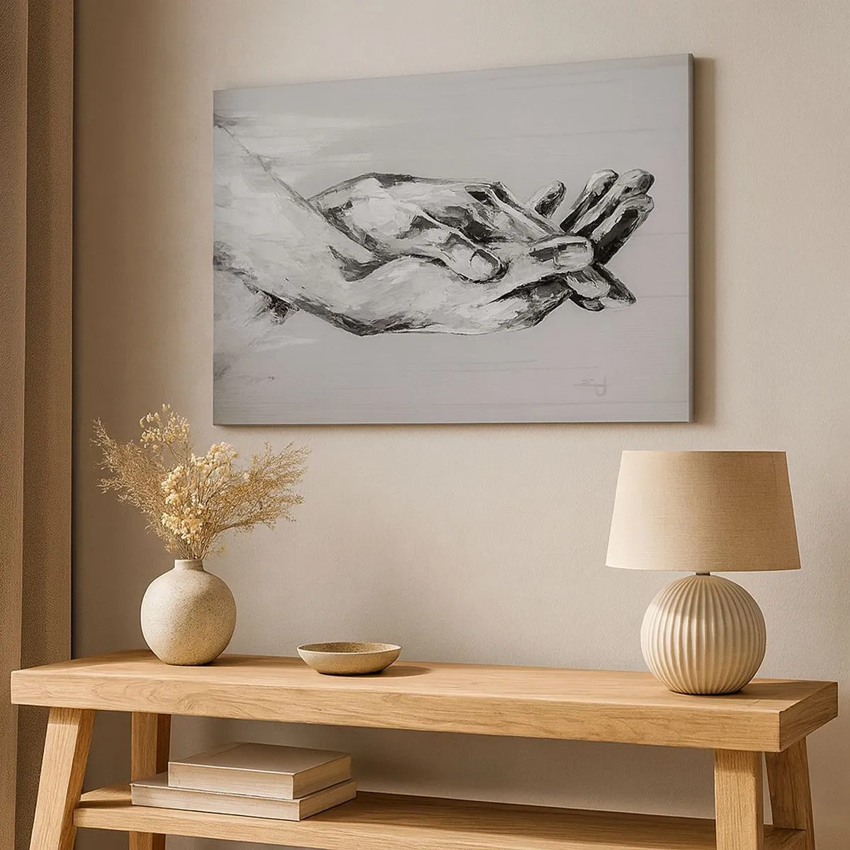 Impression sur toile - Image sur toile - Une composition en noir et blanc de deux mains jointes sur un fond clair. - 70x50cm - Début... - Décoration murale moderne pour le salon et la chambre ARTTOR