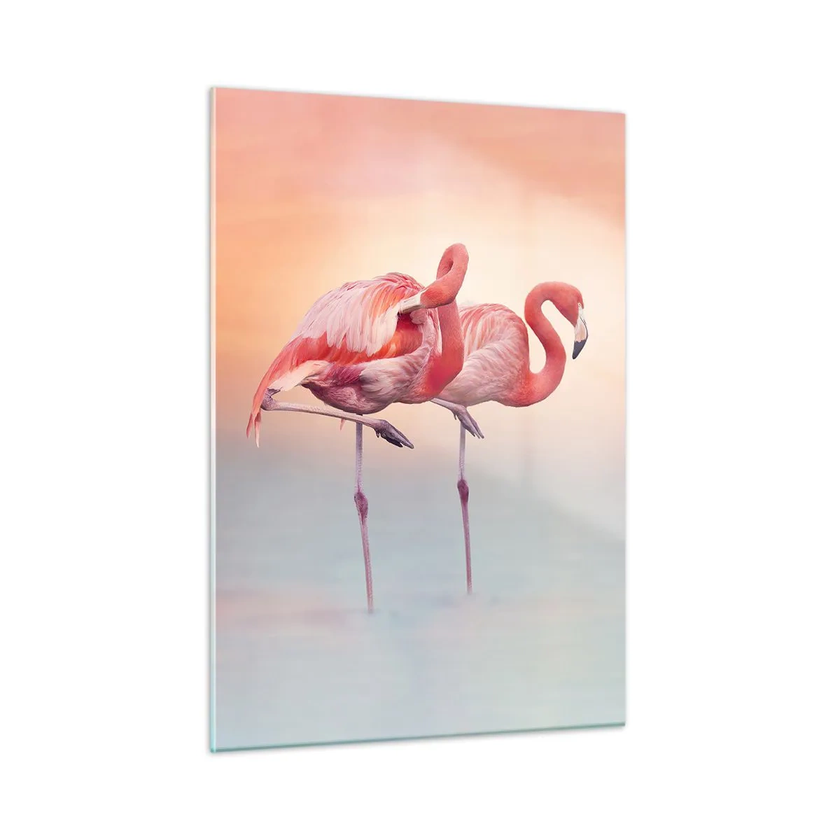 Impression sur verre - Image sur verre - Deux flamants roses debout dans l'eau avec un coucher de soleil pastel en arrière-plan - 50x70cm - Dans les couleurs du soleil couchant - Décoration murale moderne pour le salon et la chambre ARTTOR