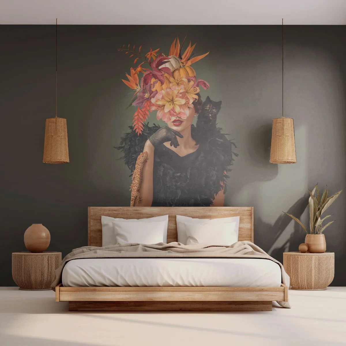 Papier Peint Photo Premium Sand - Une femme en noir avec une couronne de fleurs, un chat et une citrouille - 100x70cm - Sort de sorcière - Décoration murale moderne pour le salon et la chambre ARTTOR
