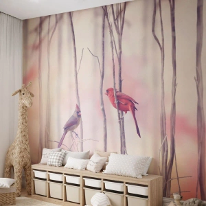 Papier peint sur mesure Premium Canvas - Conte de la forêt rose - Oiseau, Nature, Forêt
