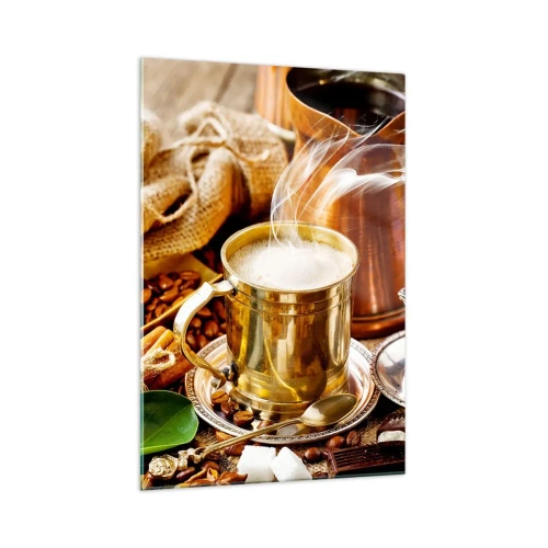 Impression sur verre - Image sur verre - Une tasse de café dorée entourée de grains, de cruches et de croissants - 70x100cm - Bonne journée! - Décoration murale moderne pour le salon et la chambre ARTTOR