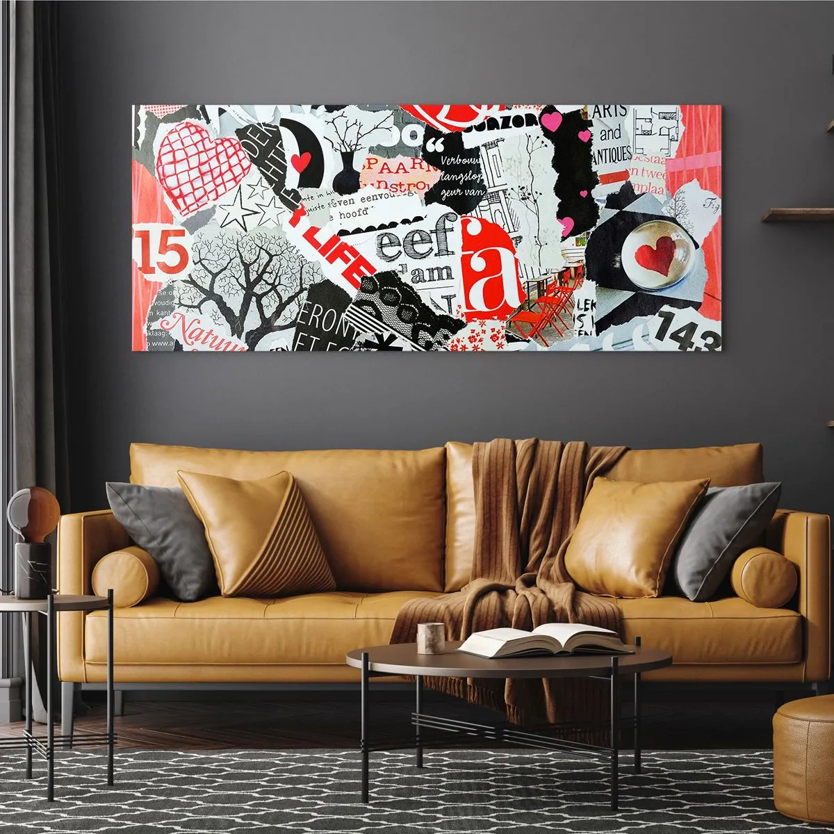 Impression sur verre - Image sur verre - Un collage coloré avec des inscriptions, des cœurs et des graphiques. - 140x50cm - Collage hipster - Décoration murale moderne pour le salon et la chambre ARTTOR