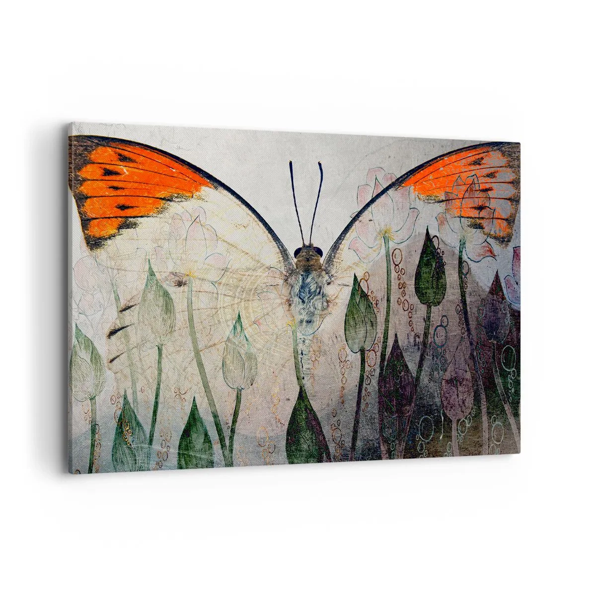 Impression sur toile - Image sur toile - Un papillon aux ailes orange sur un fond de fleurs stylisées. - 100x70cm - "Où est le papillon qui se balance sur l'herbe" - Décoration murale moderne pour le salon et la chambre ARTTOR