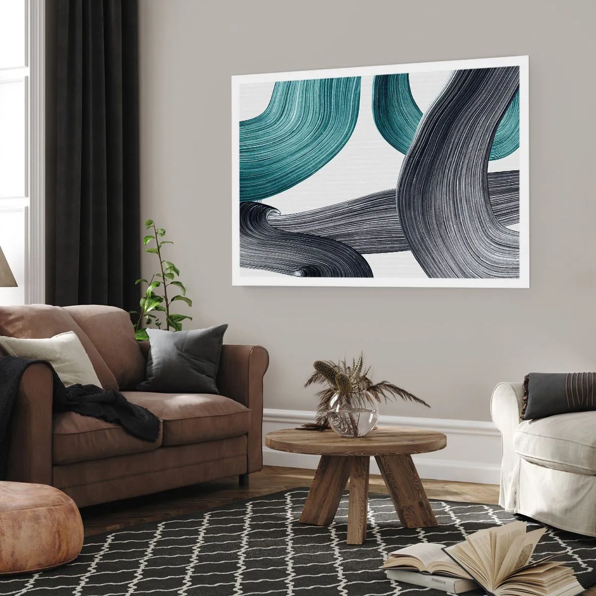 Affiche - Poster - Lignes abstraites fluides dans des tons de vert et de gris - 100x70cm - Sentiers émeraude et noirs - Décoration murale moderne pour le salon et la chambre ARTTOR