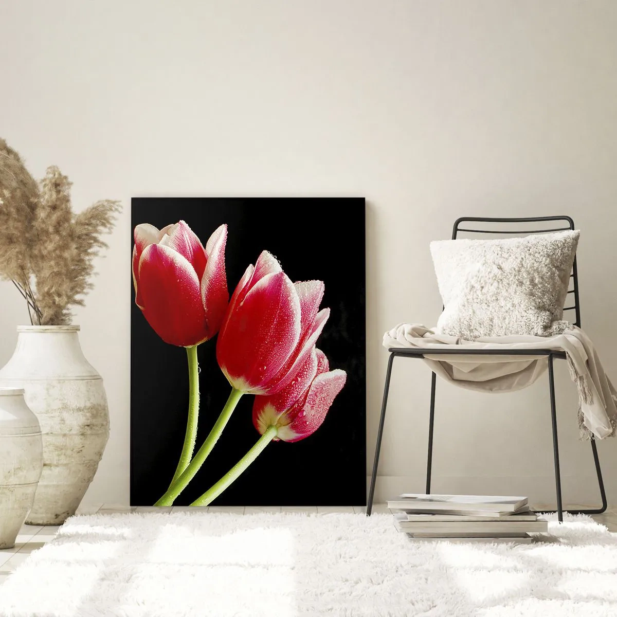 Impression sur verre - Image sur verre - Tulipes rouges avec des gouttes de rosée sur fond noir - 70x100cm - Une promesse d'amour pur - Décoration murale moderne pour le salon et la chambre ARTTOR