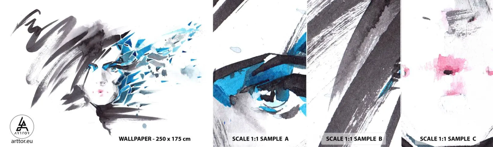 Échantillon de Papier Peint Autocollant Deluxe Sticker - Portrait sensuel en gris et bleu - Femme, Visage de femme, Abstraction - 100x30 cm