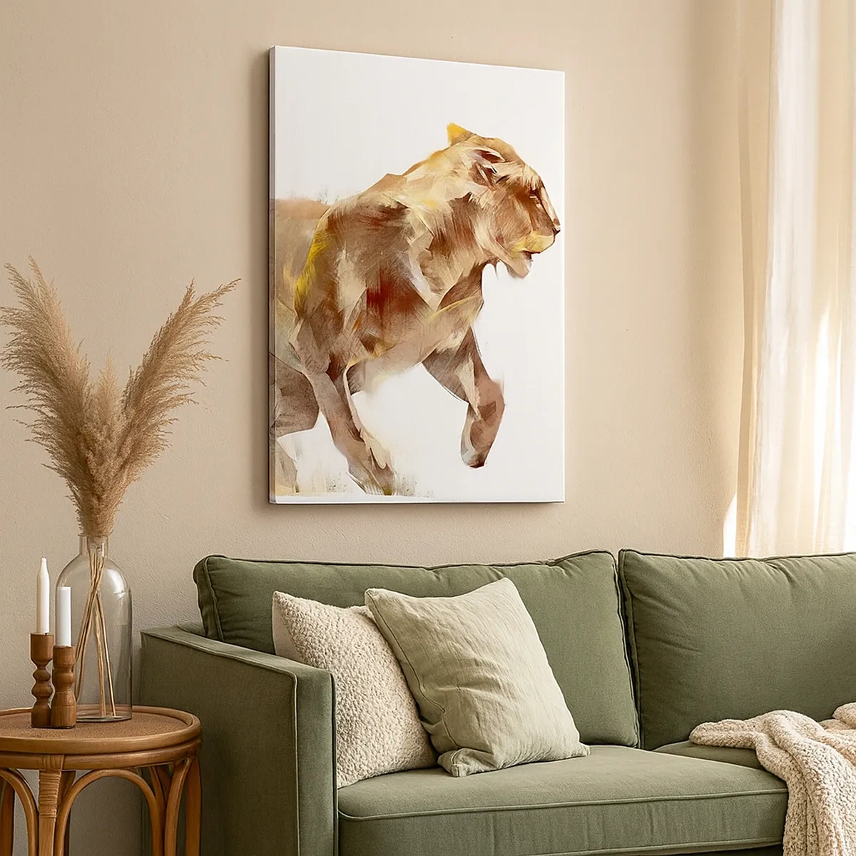 Impression sur toile - Image sur toile - Une lionne qui court dans une interprétation artistique - 50x70cm - Grâce sauvage - Décoration murale moderne pour le salon et la chambre ARTTOR