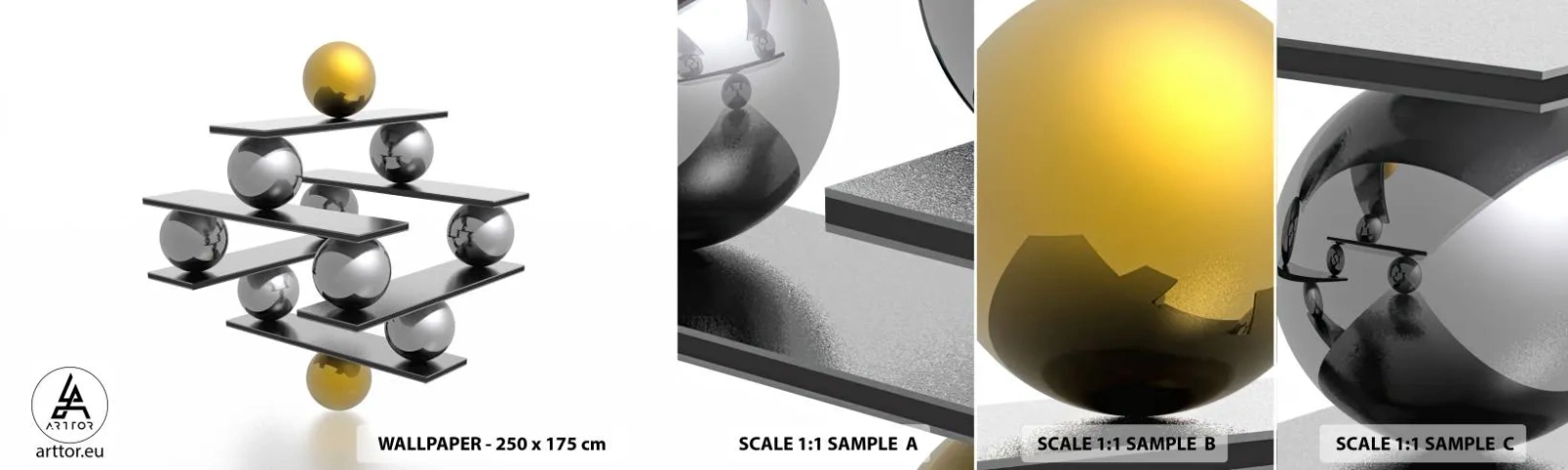 Échantillon De Papier Peint Standard Eco - Balance d'or et d'argent - Abstraction, Boules de métal, 3D - 100x30 cm