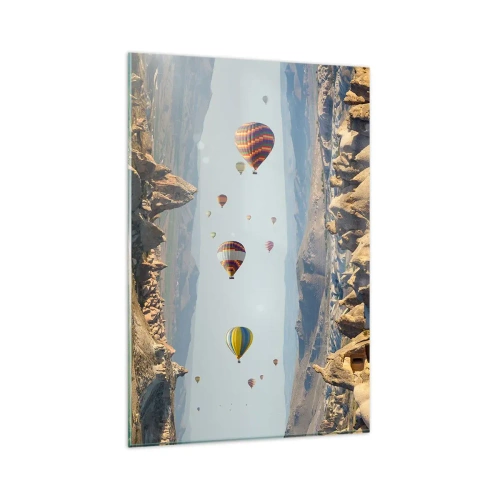 Impression sur verre - Image sur verre - Ballons colorés au-dessus d'un paysage rocheux - 80x120cm - Ici, tout est possible - Décoration murale moderne pour le salon et la chambre ARTTOR