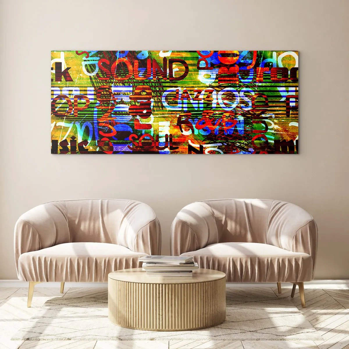 Impression sur verre - Image sur verre - Abstraction colorée avec des inscriptions musicales dans un style pop art - 120x50cm - Toutes les nuances du son - Décoration murale moderne pour le salon et la chambre ARTTOR