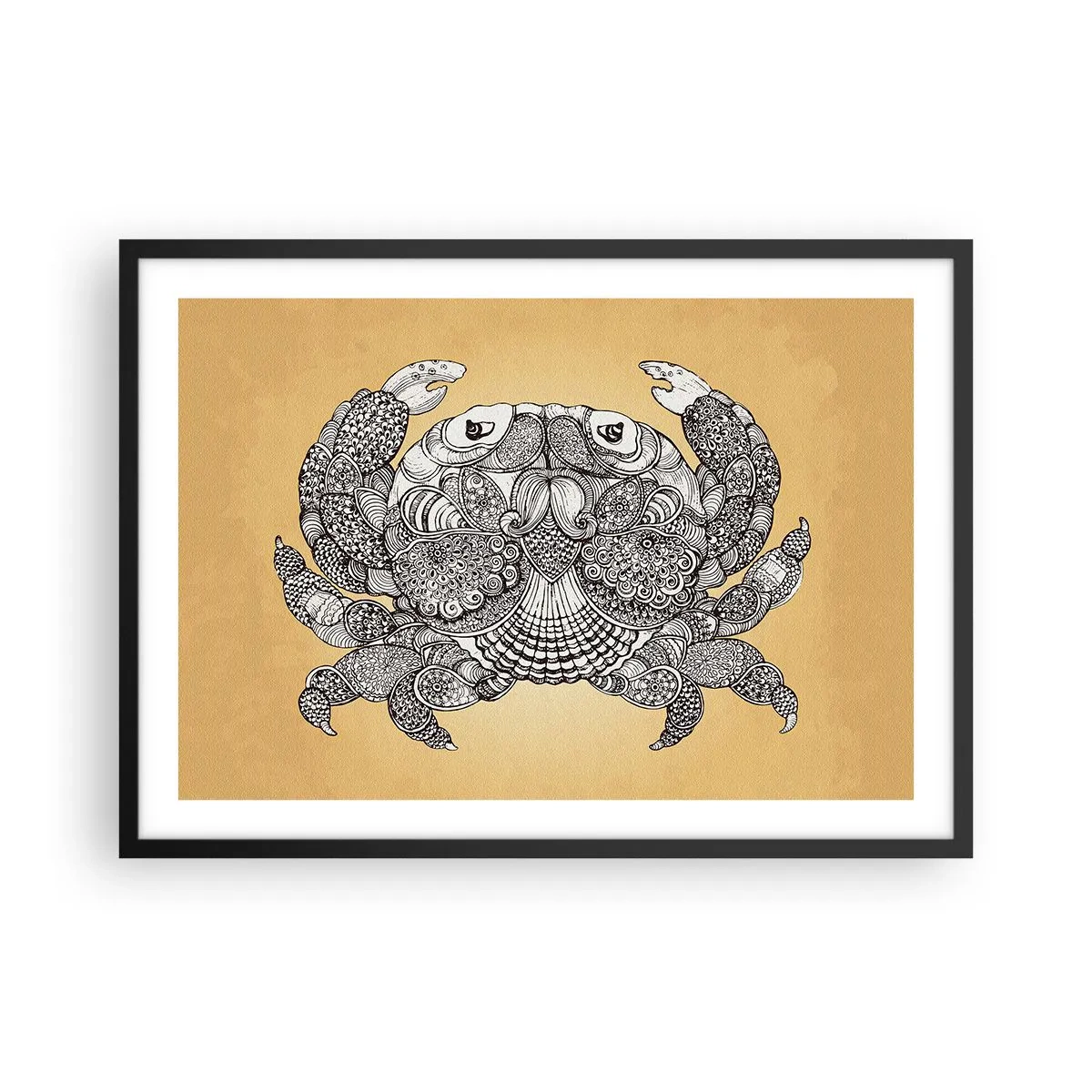 Affiche dans un cadre noir - Poster - Dessin décoratif d'un crabe sur fond doré - 70x50cm - Les contes de M. Crabe - Décoration murale moderne pour le salon et la chambre ARTTOR