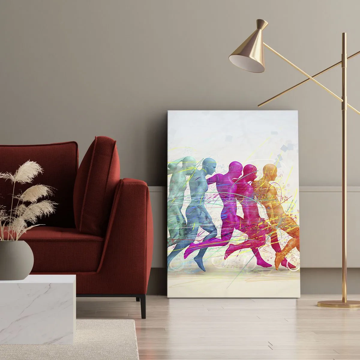 Impression sur toile - Image sur toile - Silhouettes colorées de coureurs en mouvement - 80x120cm - Harmonie du mouvement - Décoration murale moderne pour le salon et la chambre ARTTOR