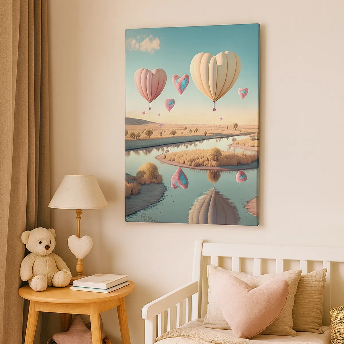 Impression sur toile - Image sur toile - Des ballons en forme de cœur flottant au-dessus du paysage - 50x70cm - L'amour te permet de t'élever - Décoration murale moderne pour le salon et la chambre ARTTOR