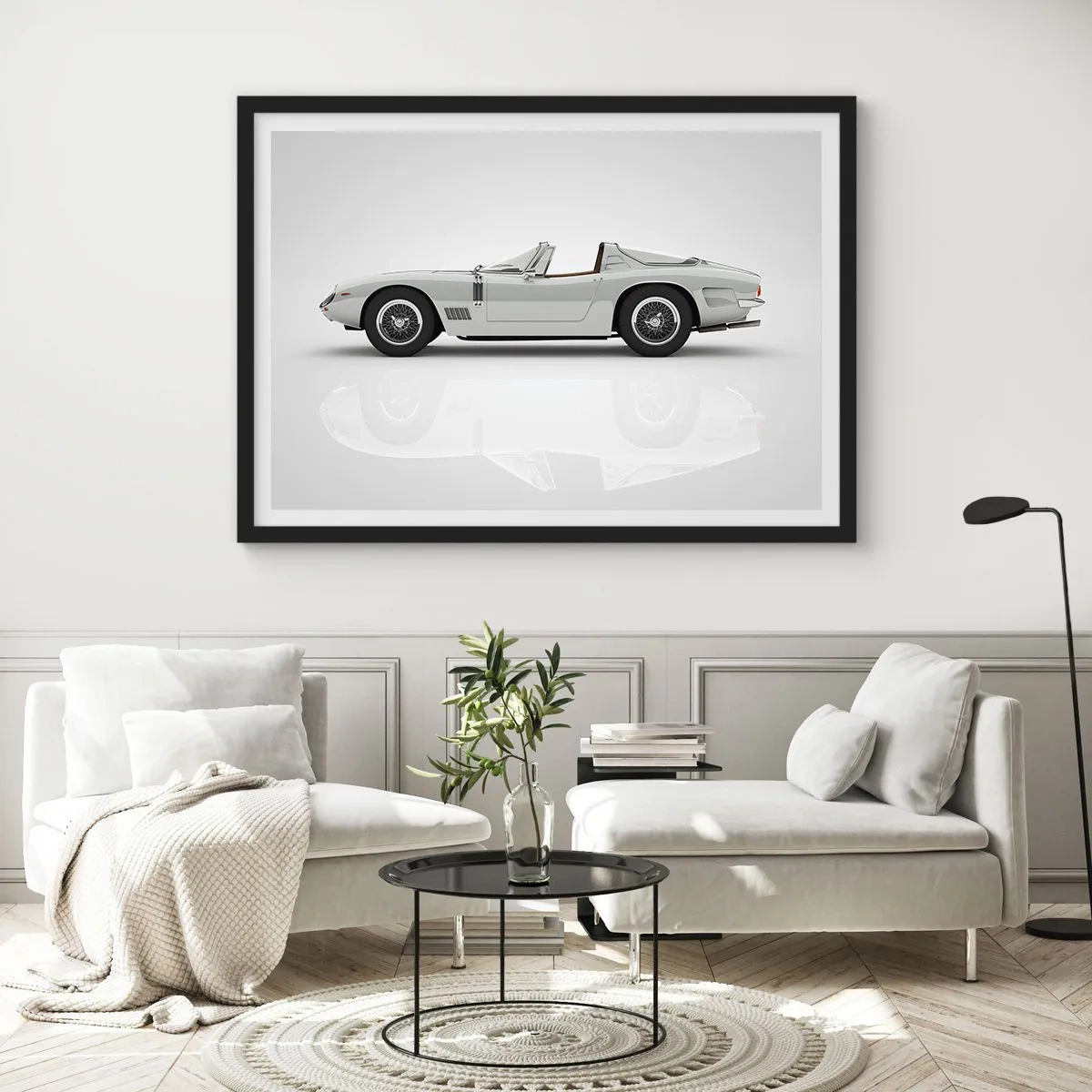 Affiche dans un cadre noir - Poster - Cabriolet blanc classique sur fond clair - 100x70cm - Promesse de plaisir - Décoration murale moderne pour le salon et la chambre ARTTOR