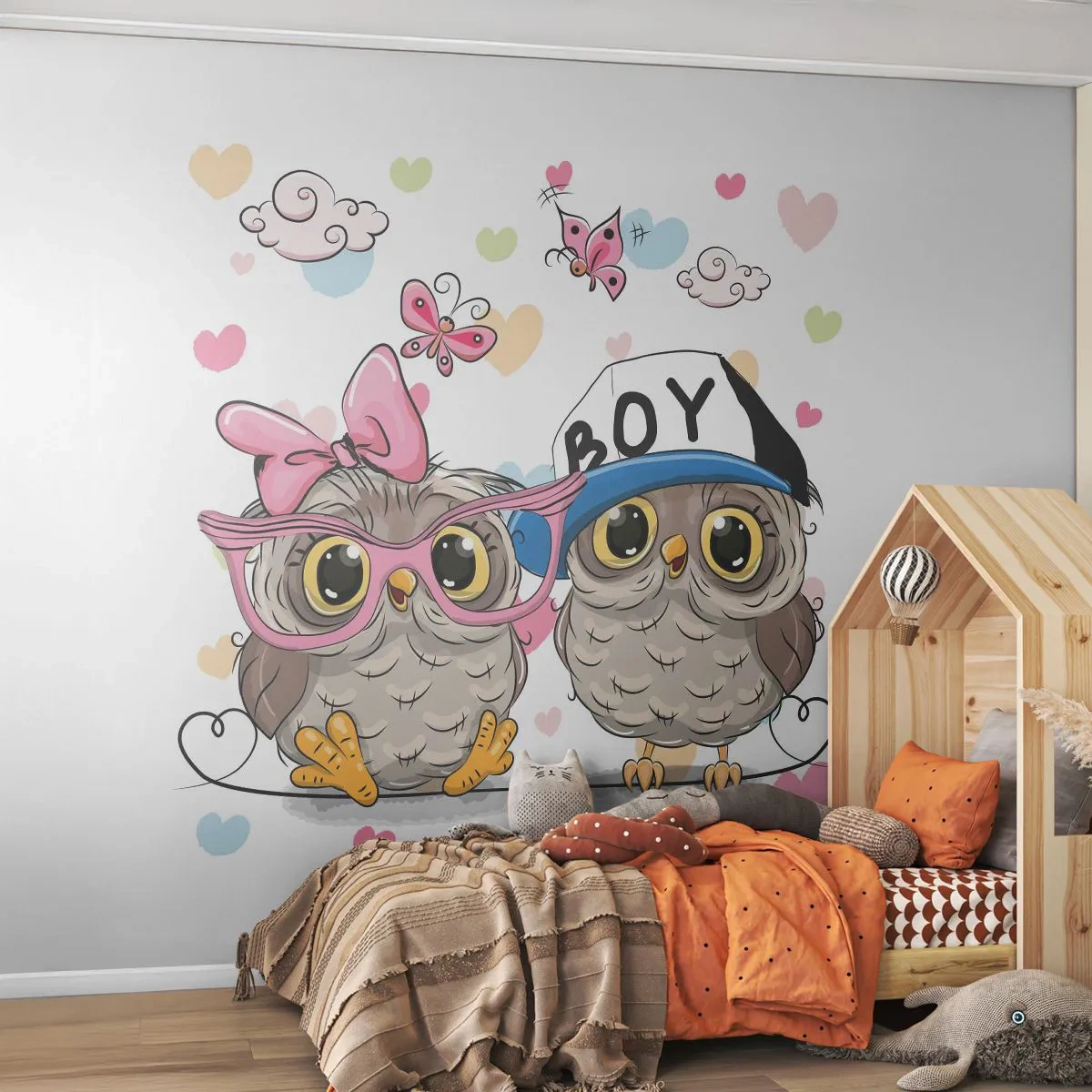 Papier peint sur mesure Autocollant Deluxe - On s'aime! - Pour les enfants, Hibou, Papillon