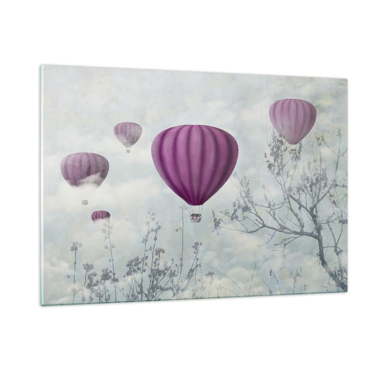 Impression sur verre - Image sur verre - Des ballons violets flottant parmi les nuages et les branches des arbres - 120x80cm - Comme des navires dans le ciel - Décoration murale moderne pour le salon et la chambre ARTTOR