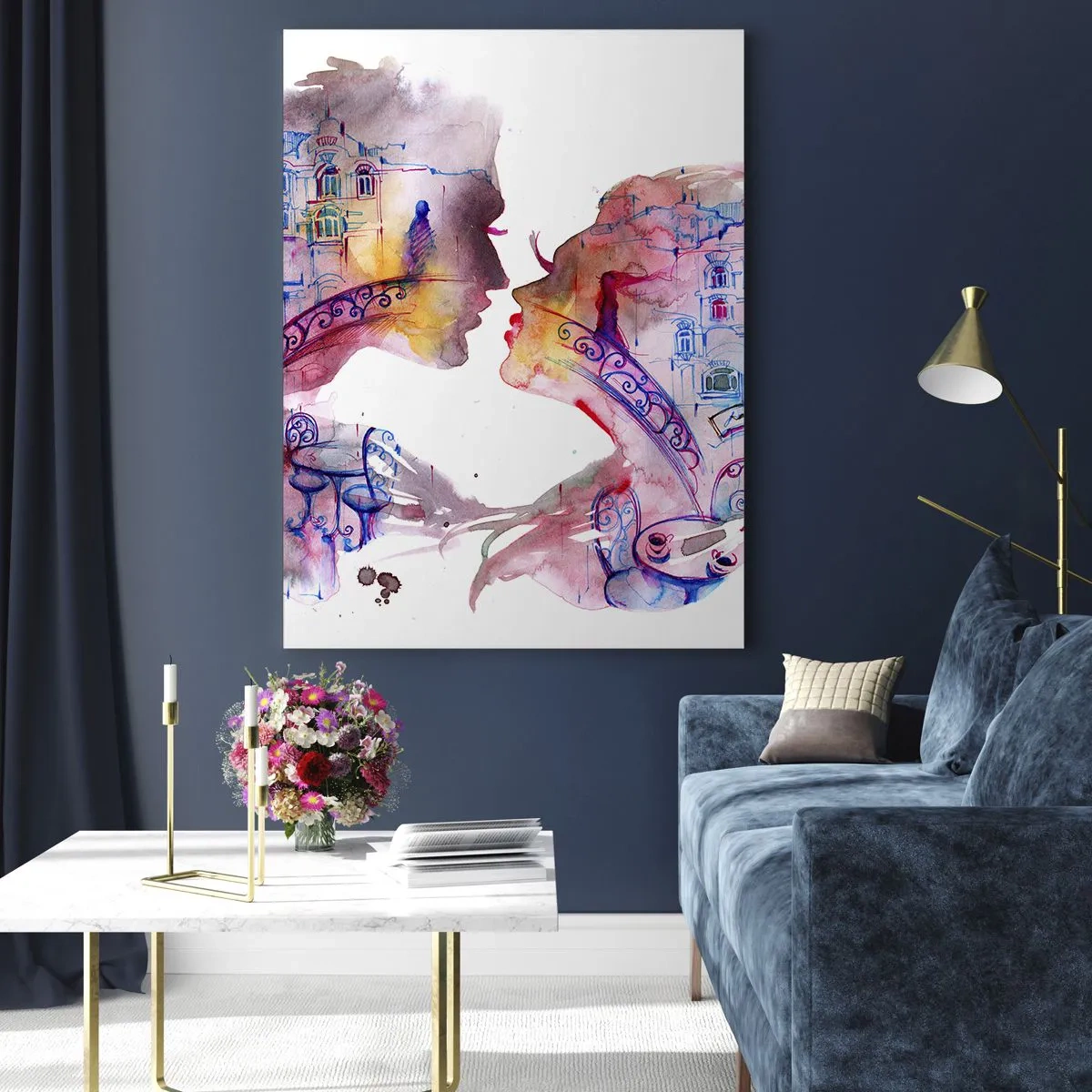 Impression sur verre - Image sur verre - Une aquarelle romantique représentant les silhouettes des amoureux - 70x100cm - Le pont secret des soupirs - Décoration murale moderne pour le salon et la chambre ARTTOR