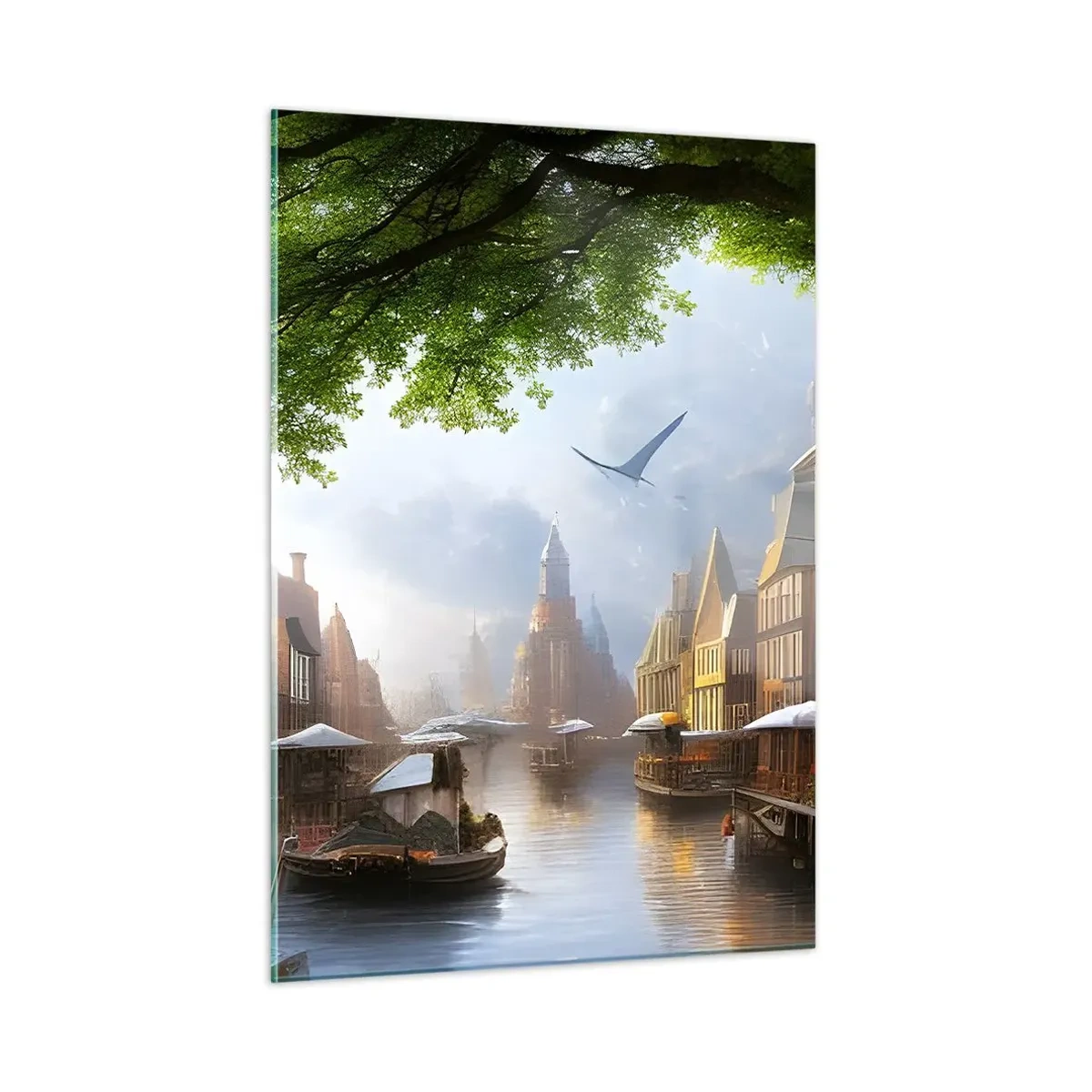 Impression sur verre - Image sur verre - Une vue atmosphérique d'un canal hollandais avec des bateaux et des bâtiments - 50x70cm - Paysage urbain néerlandais - Décoration murale moderne pour le salon et la chambre ARTTOR