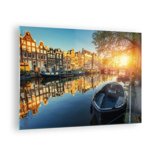 Impression sur verre - Image sur verre - Canal d'Amsterdam au coucher du soleil - 70x50cm - Début de journée à Amsterdam - Décoration murale moderne pour le salon et la chambre ARTTOR