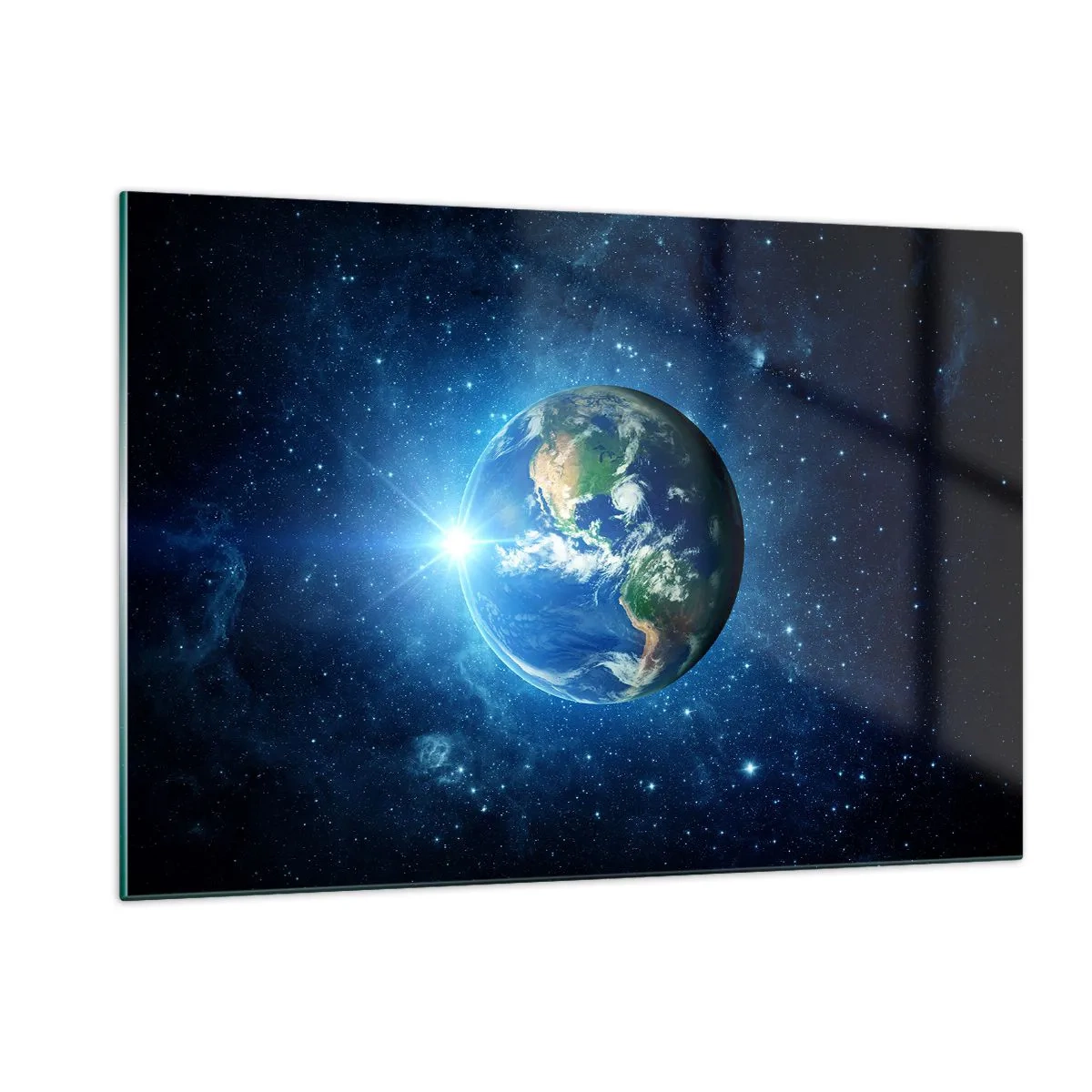 Impression sur verre - Image sur verre - La Terre vue de l'espace avec des rayons de lumière - 120x80cm - Nous sommes au paradis - Décoration murale moderne pour le salon et la chambre ARTTOR