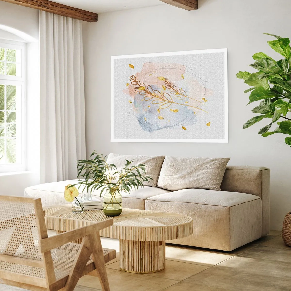 Affiche - Poster - Un délicat motif de feuille dorée sur un fond pastel avec des détails aquarelles. - 100x70cm - Explosion d'or - Décoration murale moderne pour le salon et la chambre ARTTOR