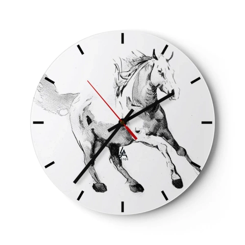 Horloge murale - Pendule murale - Croquis d'un cheval au galop sur fond blanc - 30x30cm - Âme indomptée - Décoration murale moderne pour le salon, la cuisine et la chambre ARTTOR