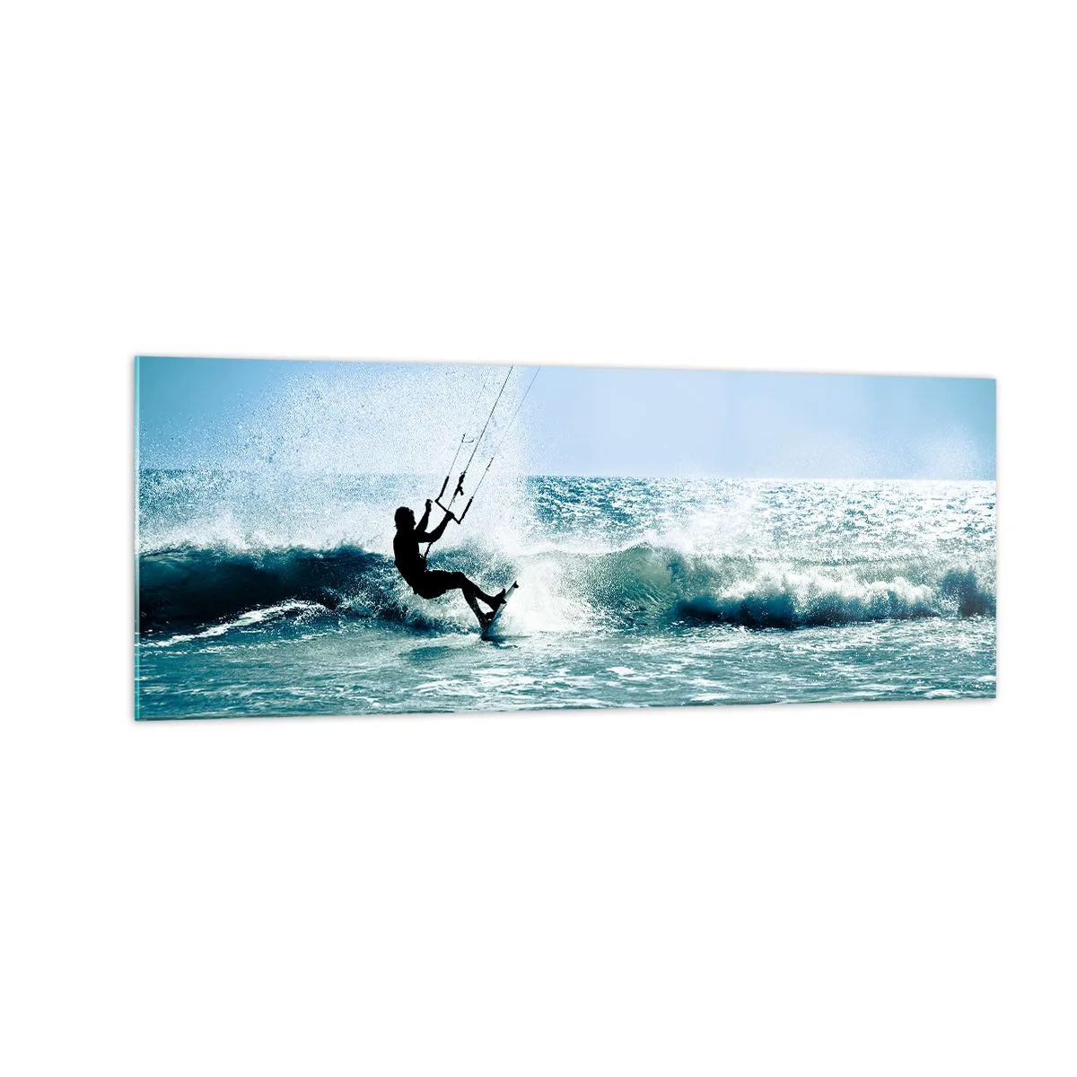 Impression sur verre - Image sur verre - Kitesurfeur sur une vague en plein soleil - 140x50cm - On se laisse emporter - Décoration murale moderne pour le salon et la chambre ARTTOR