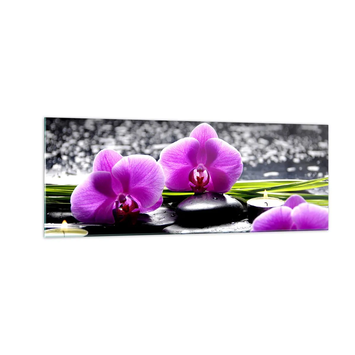 Impression sur verre - Image sur verre - Orchidées violettes sur fond de pierres et de bougies dans un cadre relaxant - 140x50cm - Se noyer dans la paix et la tranquillité - Décoration murale moderne pour le salon et la chambre ARTTOR