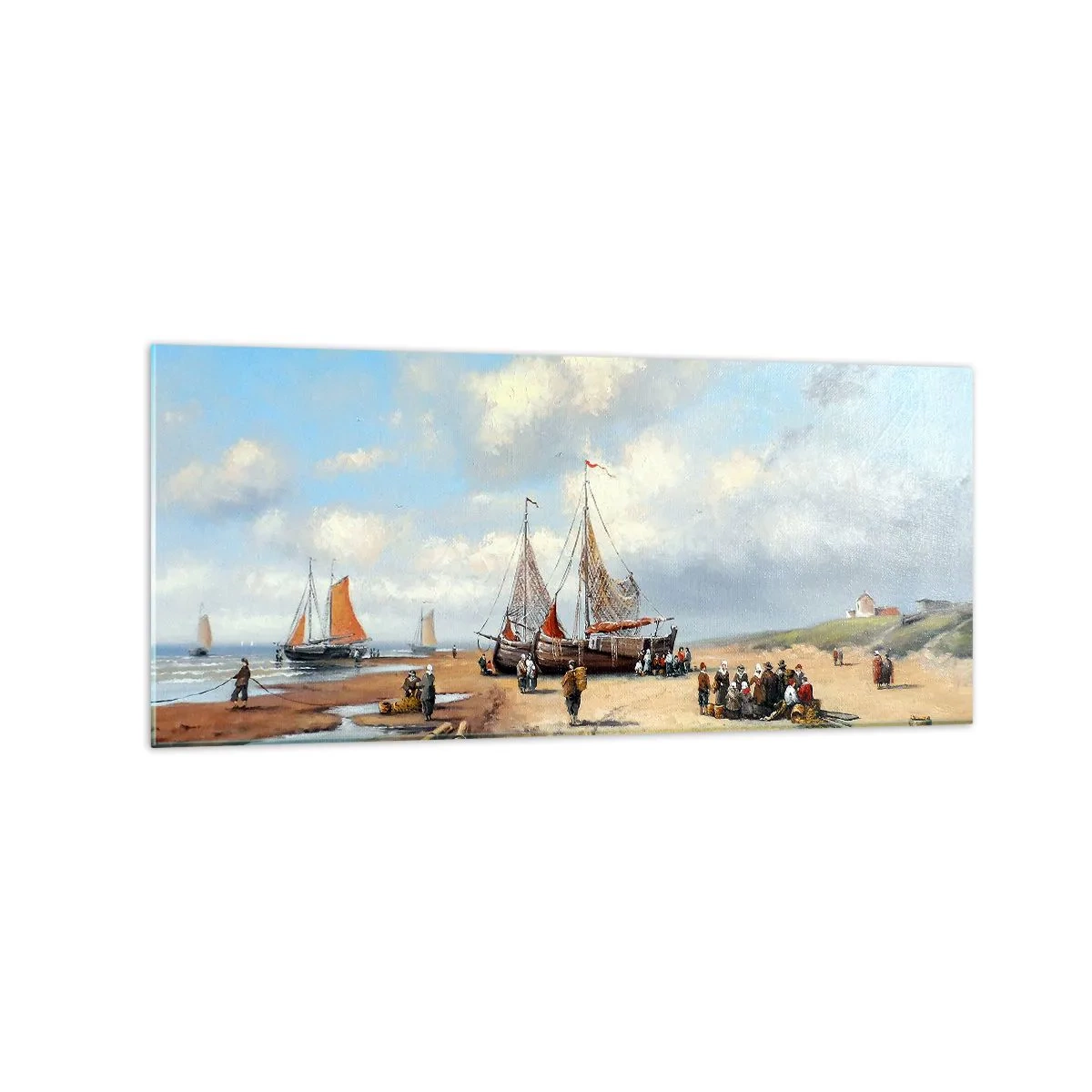 Impression sur verre - Image sur verre - Bateaux de pêche sur la plage avec des figures humaines - 120x50cm - Après une capture réussie - Décoration murale moderne pour le salon et la chambre ARTTOR