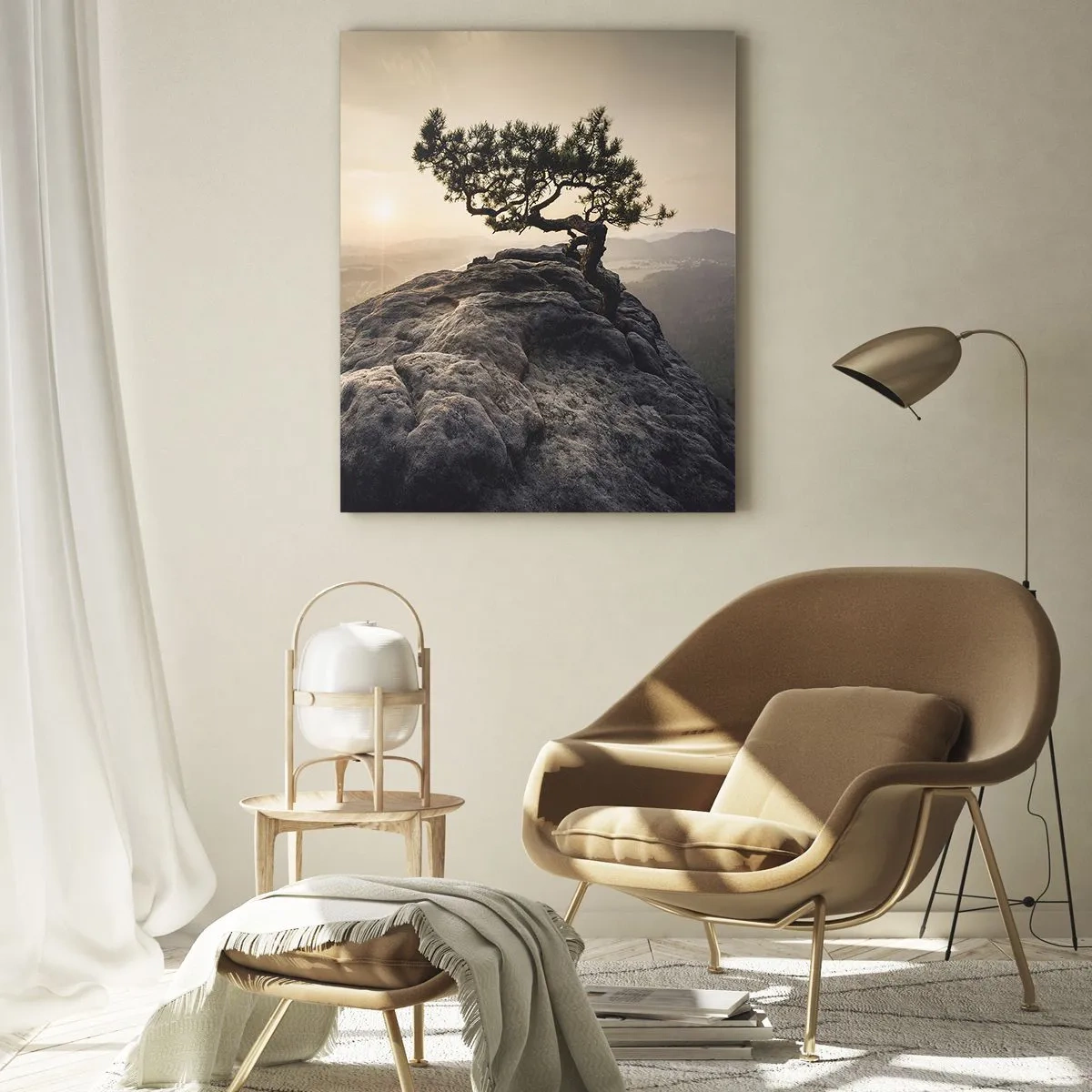 Impression sur verre - Image sur verre - Un arbre solitaire sur un pic rocheux au soleil - 70x100cm - La vie gagne toujours - Décoration murale moderne pour le salon et la chambre ARTTOR