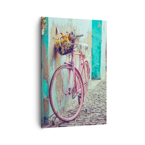 Impression sur toile - Image sur toile - Un vélo rose près d'une porte turquoise - 80x120cm - Je reviens tout de suite - Décoration murale moderne pour le salon et la chambre ARTTOR