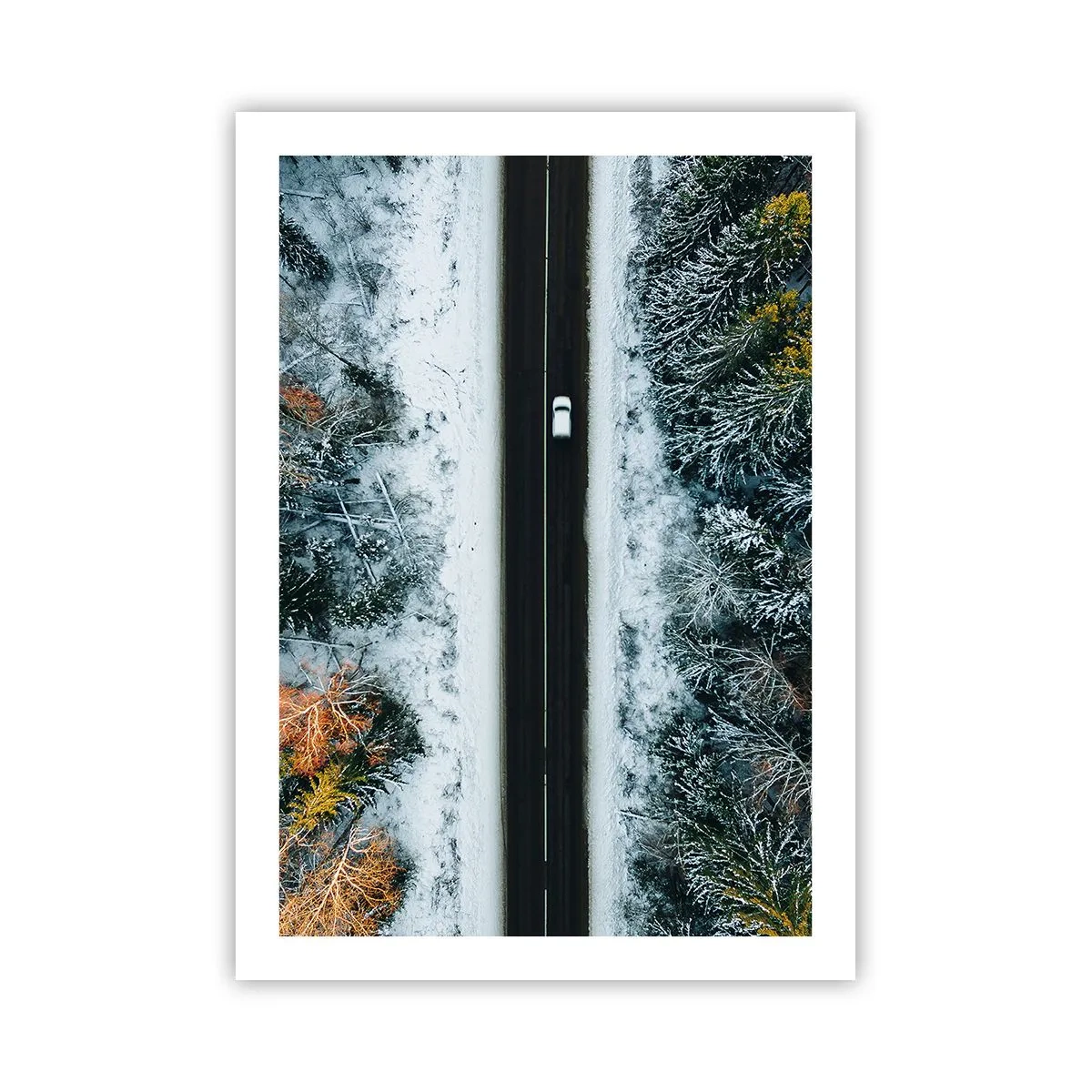 Affiche - Poster - Vue aérienne d'une forêt d'hiver avec une route et une seule voiture - 50x70cm - Couper à travers la forêt d'hiver - Décoration murale moderne pour le salon et la chambre ARTTOR