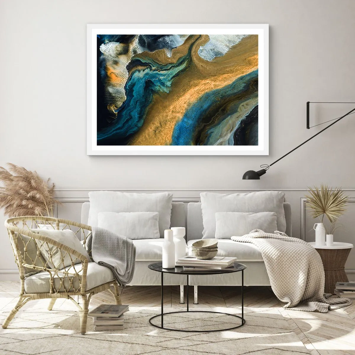 Affiche dans un cadre blanc - Poster - Bleu - jaune - influences mutuelles - 70x50 cm