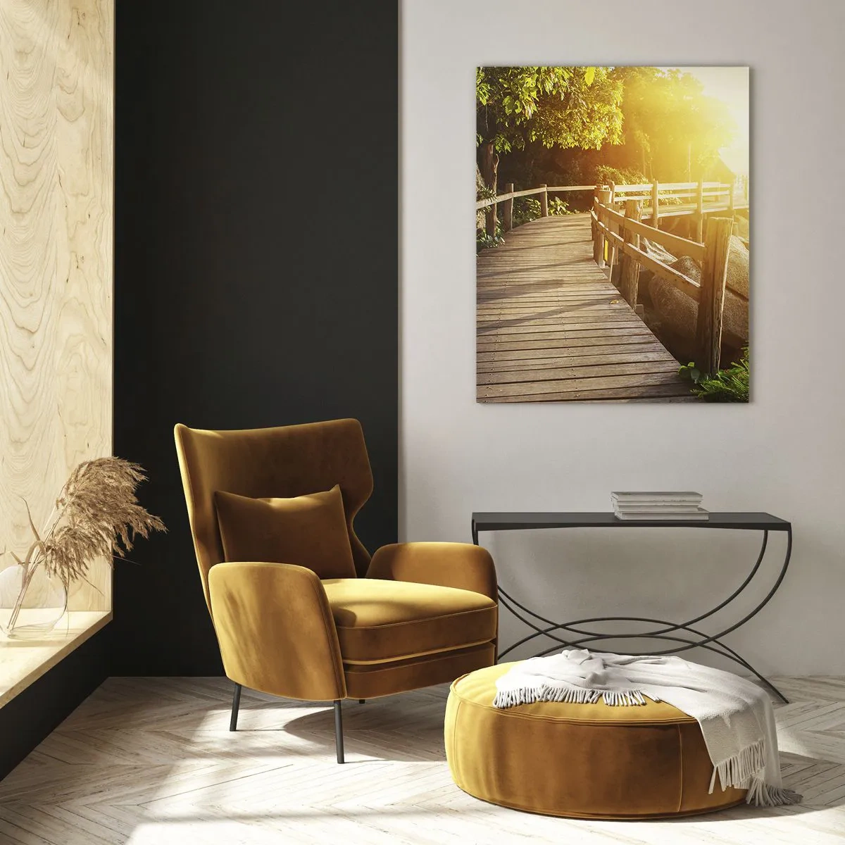 Impression sur verre - Image sur verre - Un chemin en bois parmi les arbres au bord de la mer à la lumière du coucher du soleil - 50x70cm - Un autre tour, un autre miracle - Décoration murale moderne pour le salon et la chambre ARTTOR