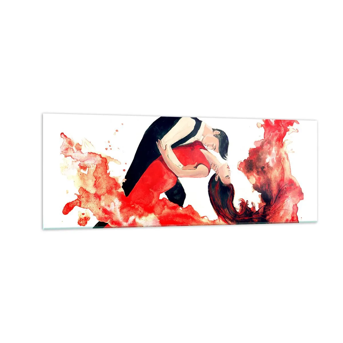 Impression sur verre - Image sur verre - Une aquarelle dynamique d'un couple dansant aux couleurs rouges. - 140x50cm - Tango - une vague sensuelle - Décoration murale moderne pour le salon et la chambre ARTTOR