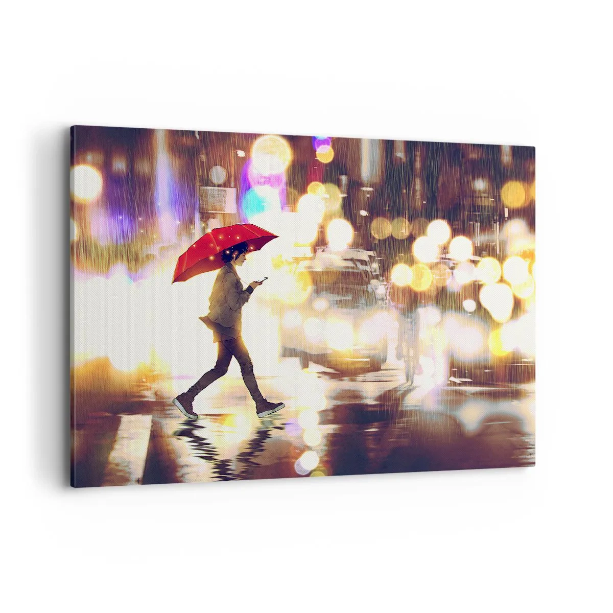 Impression sur toile - Image sur toile - Une silhouette avec un parapluie rouge dans la rue sous la pluie - 100x70cm - Et pourtant ensoleillé - Décoration murale moderne pour le salon et la chambre ARTTOR