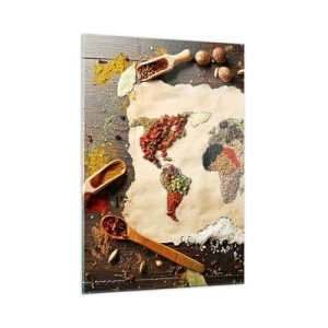 Impression sur verre - Image sur verre - Une carte du monde composée de diverses épices sur un fond rustique. - 50x70cm - Toutes les saveurs du monde - Décoration murale moderne pour le salon et la chambre ARTTOR