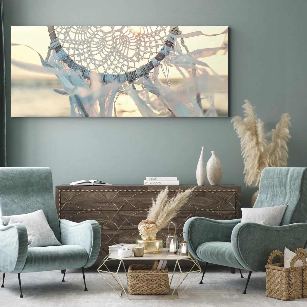 Impression sur toile - Image sur toile - Un attrape-rêves délicat sur fond de soleil couchant - 120x50cm - Totem en dentelle - Décoration murale moderne pour le salon et la chambre ARTTOR