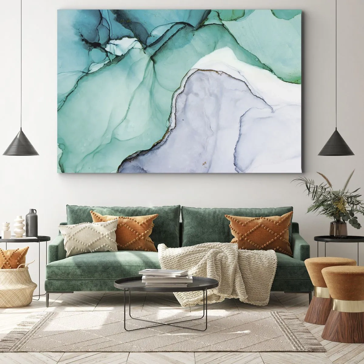 Impression sur toile - Image sur toile - Motif abstrait dans les tons turquoise et blanc - 120x80cm - Étude de turquoise - Décoration murale moderne pour le salon et la chambre ARTTOR