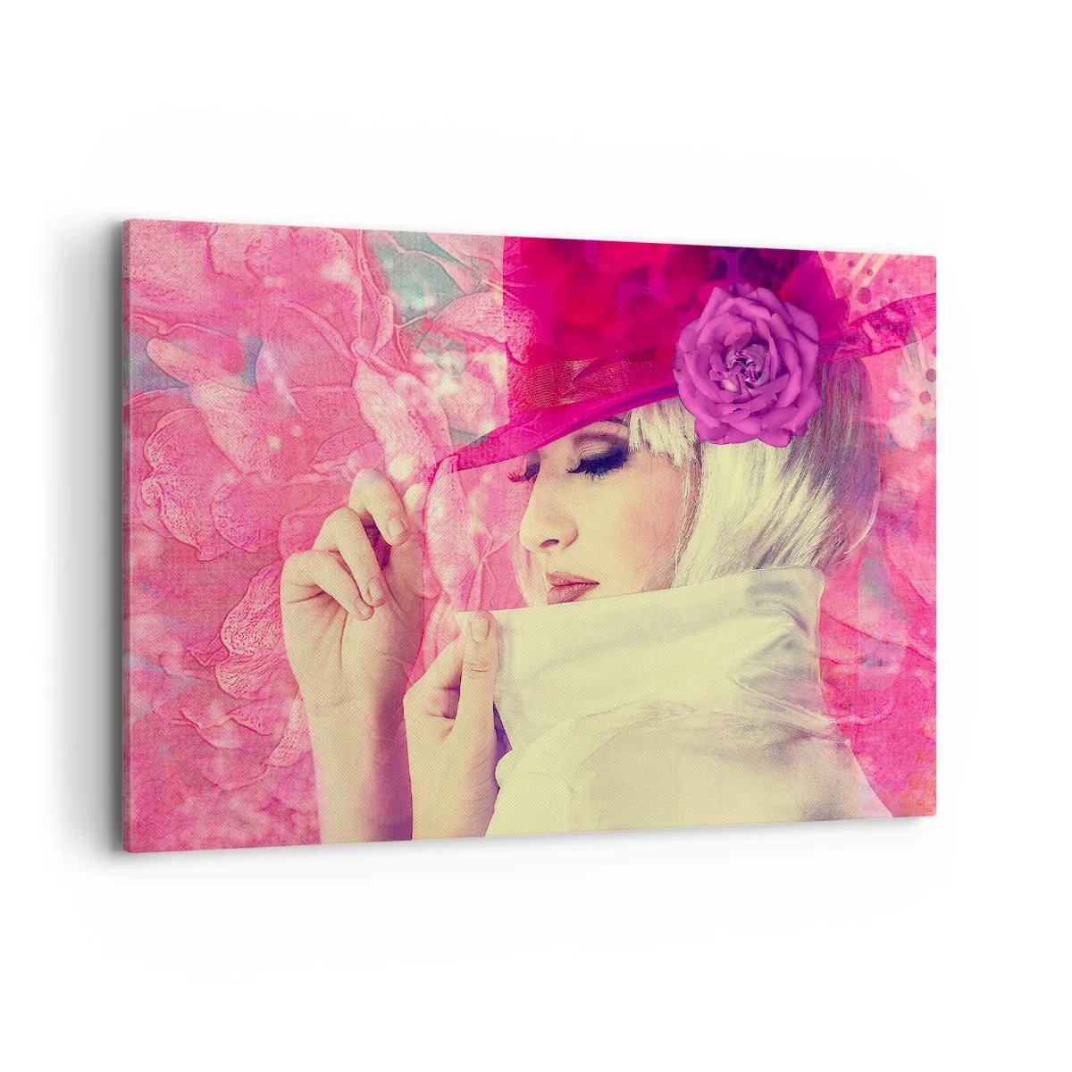 Impression sur toile - Image sur toile - Femme élégante avec un chapeau rose avec une fleur - 120x80cm - Portrait rétro dans une brume rose - Décoration murale moderne pour le salon et la chambre ARTTOR