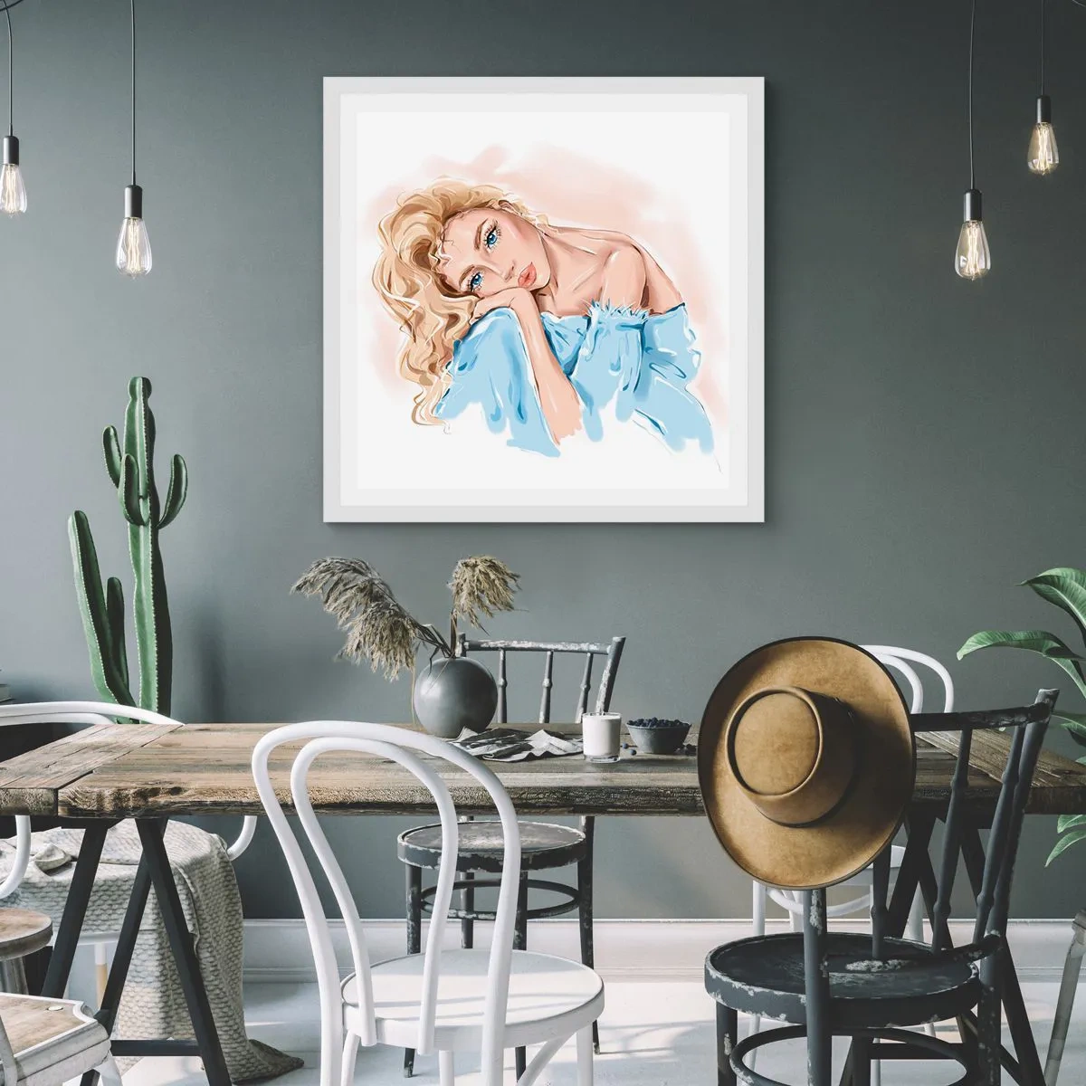 Affiche dans un cadre blanc - Poster - Rêveuse en bleu - 40x40 cm